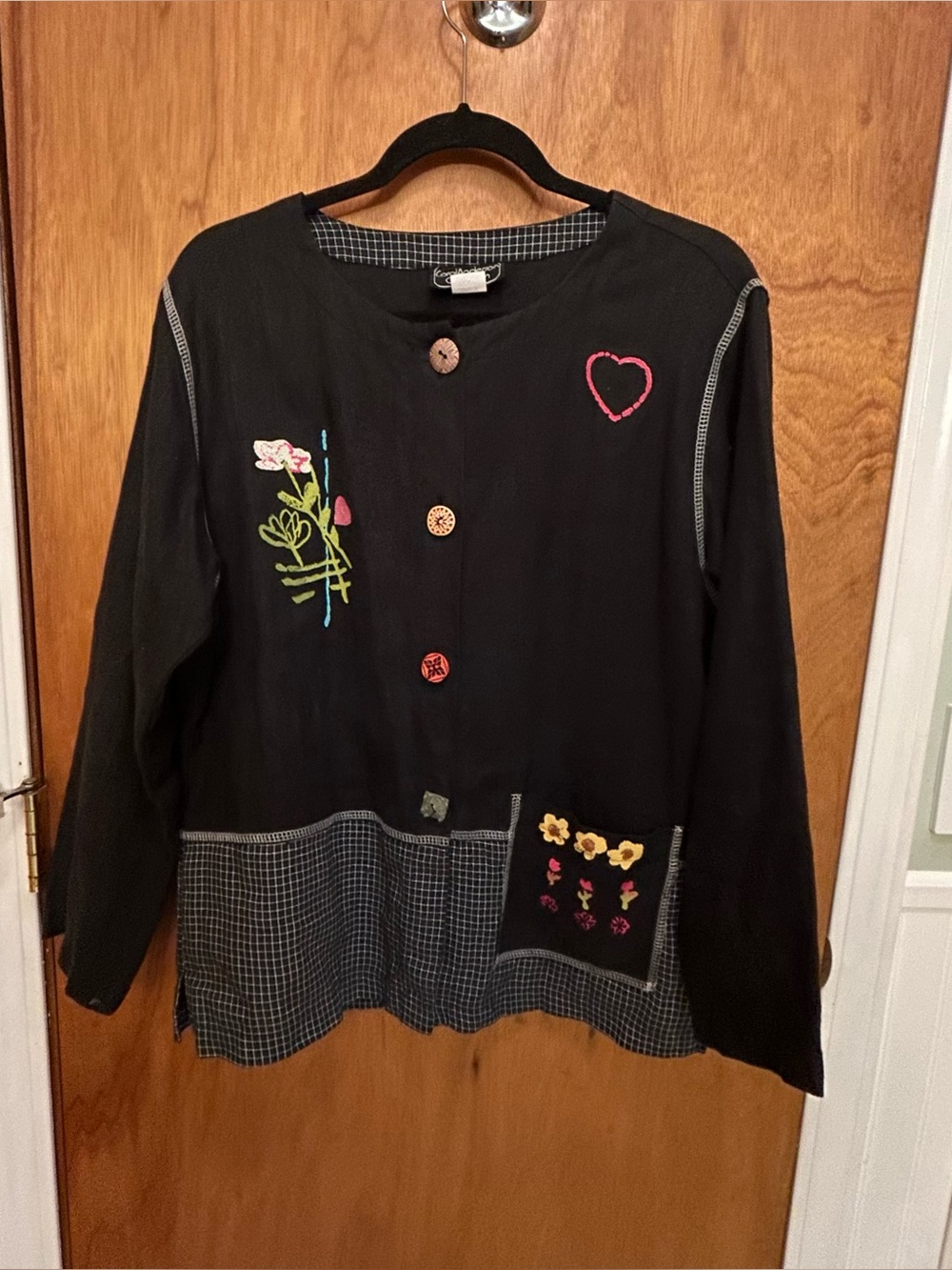 Carol Andersson Vintage Women’s Black Linen Jacket Plaid Trim Painted Detail M
